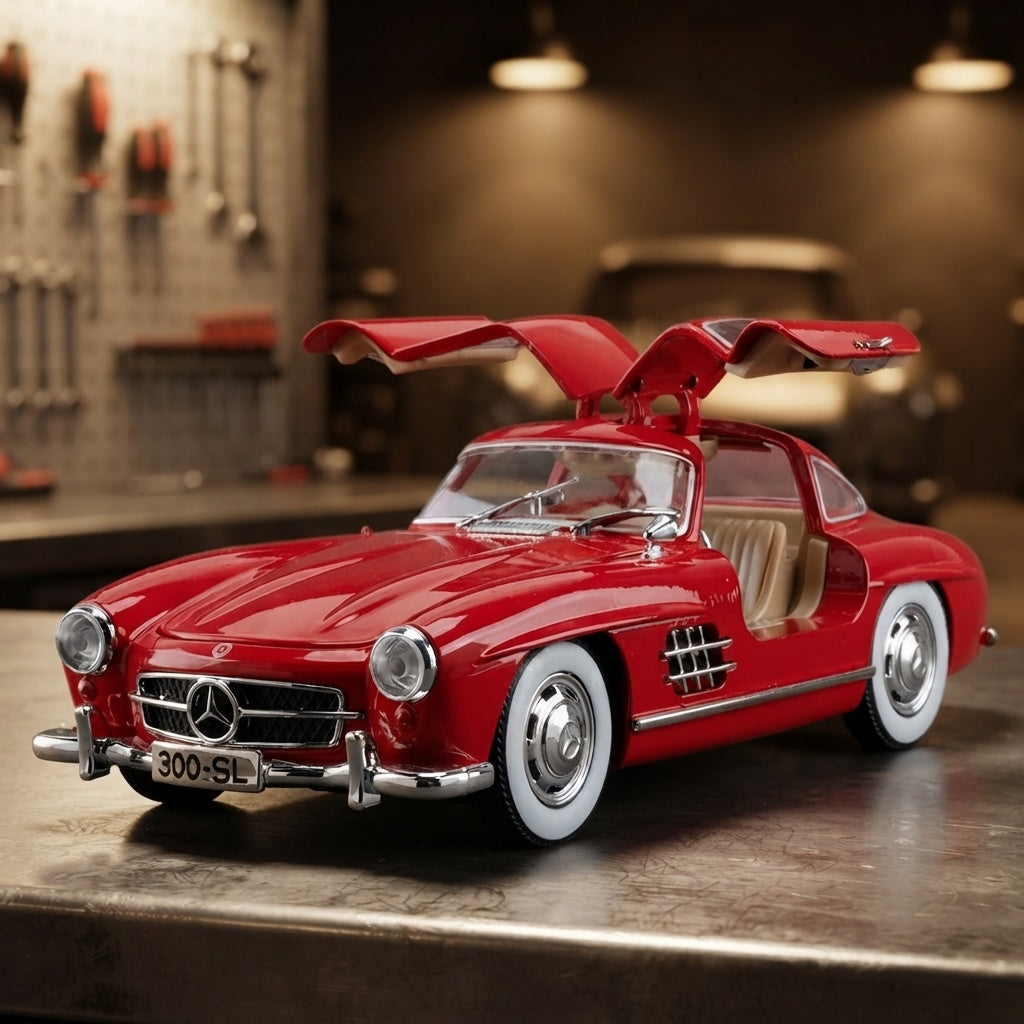 Maquette Mercedes 300 SL Gullwing dans un garage de collectionneur
