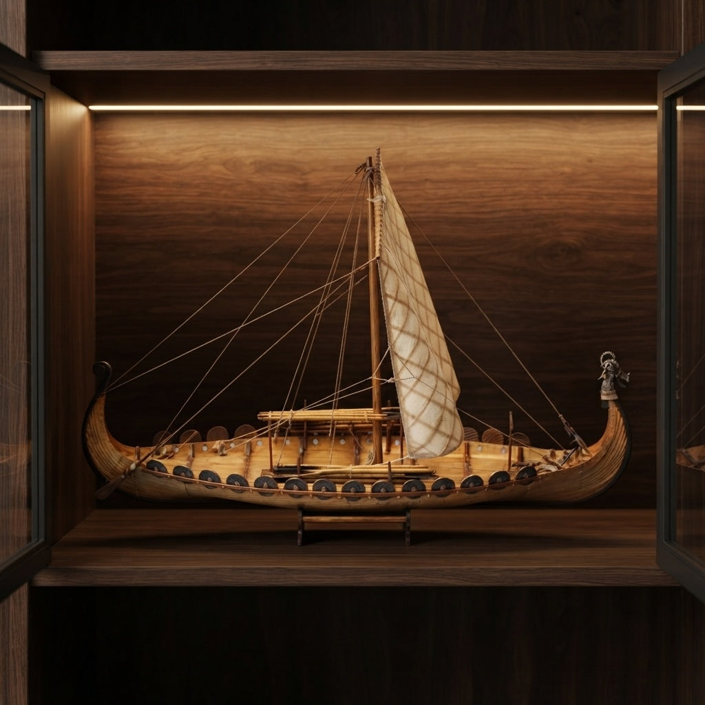 Maquette drakkar Viking exposée en vitrine