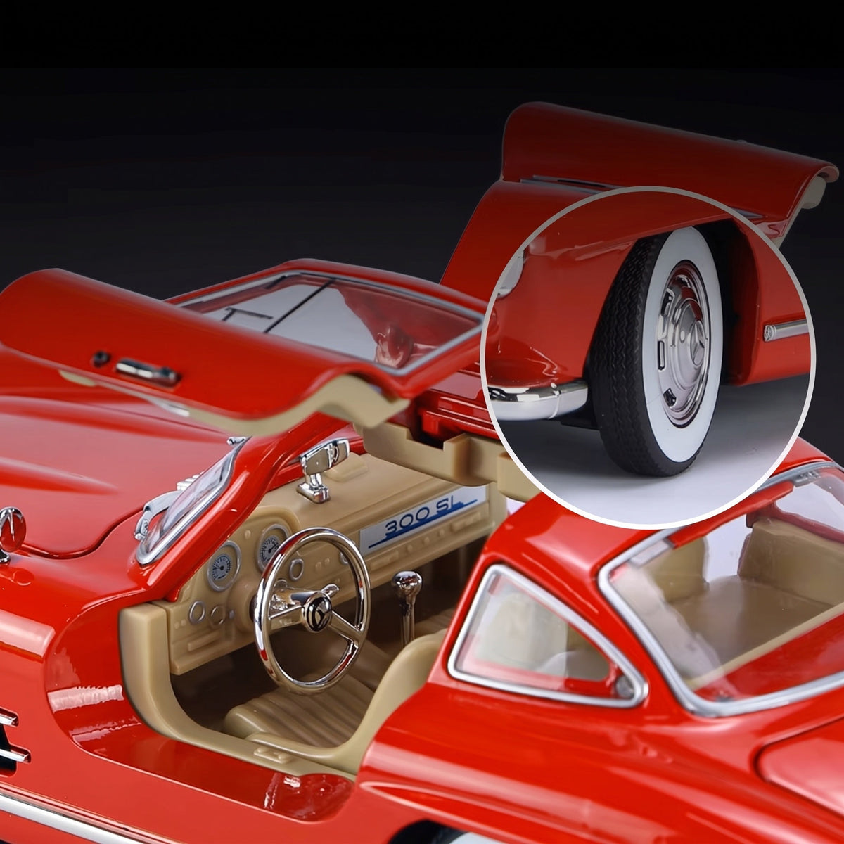 Intérieur de la maquette Mercedes 300 SL : volant relié aux roues avant directrices