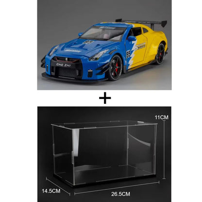 Maquette Nissan GT-R R35 bleue et jaune avec sa boîte