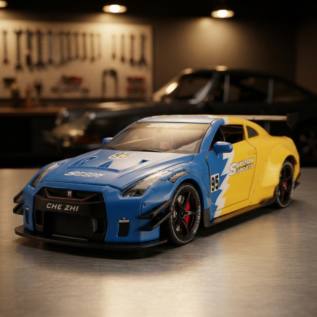 Maquette Nissan GT-R R35 dans un garage de collectionneur