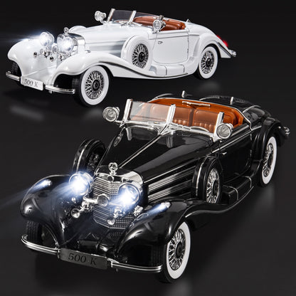 Maquette Mercedes-Benz 500K blanche et noire, phares allumés