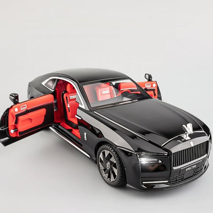 Maquette Rolls-Royce Spectre noire au 1:24, portes ouvertes sur l'intérieur rouge