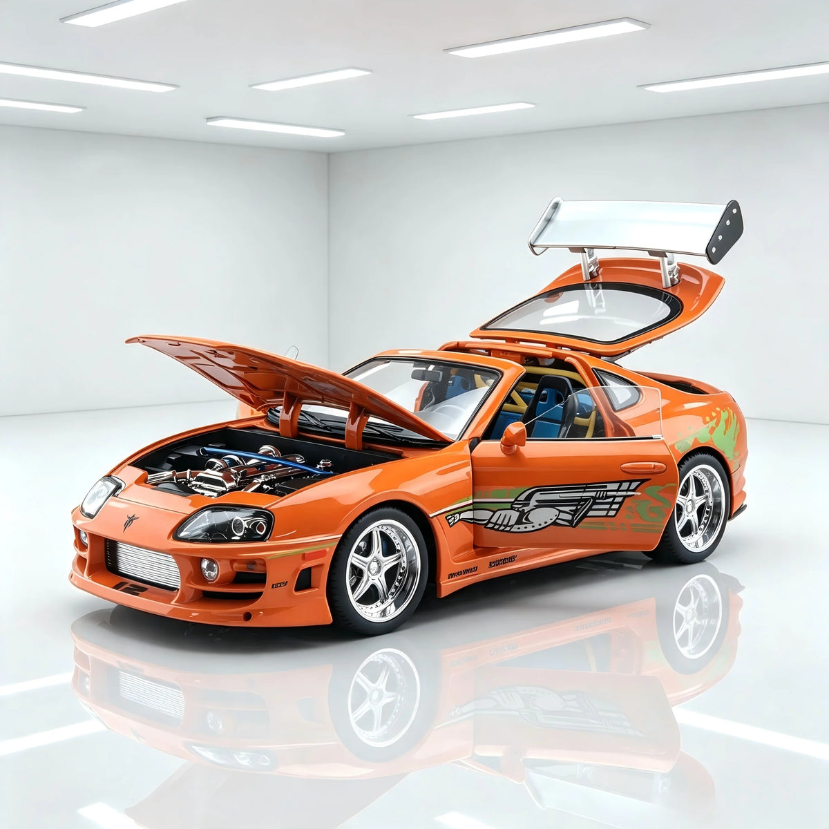 Maquette Toyota Supra MK4 orange au 1:24 avec capot, portes et hayon ouverts