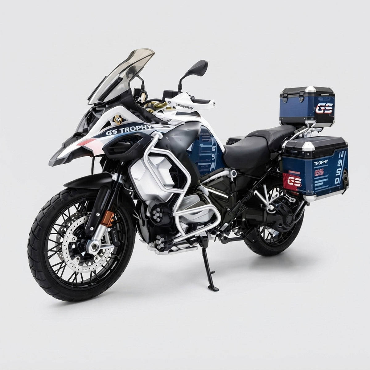 Maquette moto BMW R1250 GS Adventure version améliorée blanche et noire, valises bleues