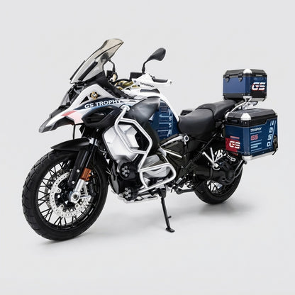 Maquette moto BMW R1250 GS Adventure version améliorée blanche et noire, valises bleues