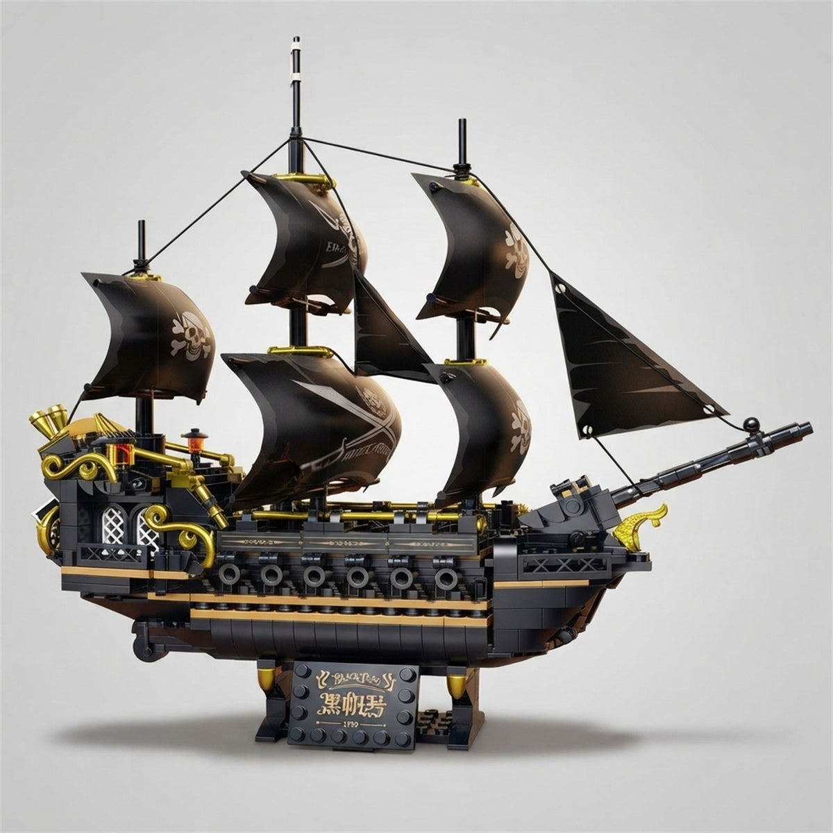 Maquette en briques du bateau pirate Black Sail vue de profil côté droit