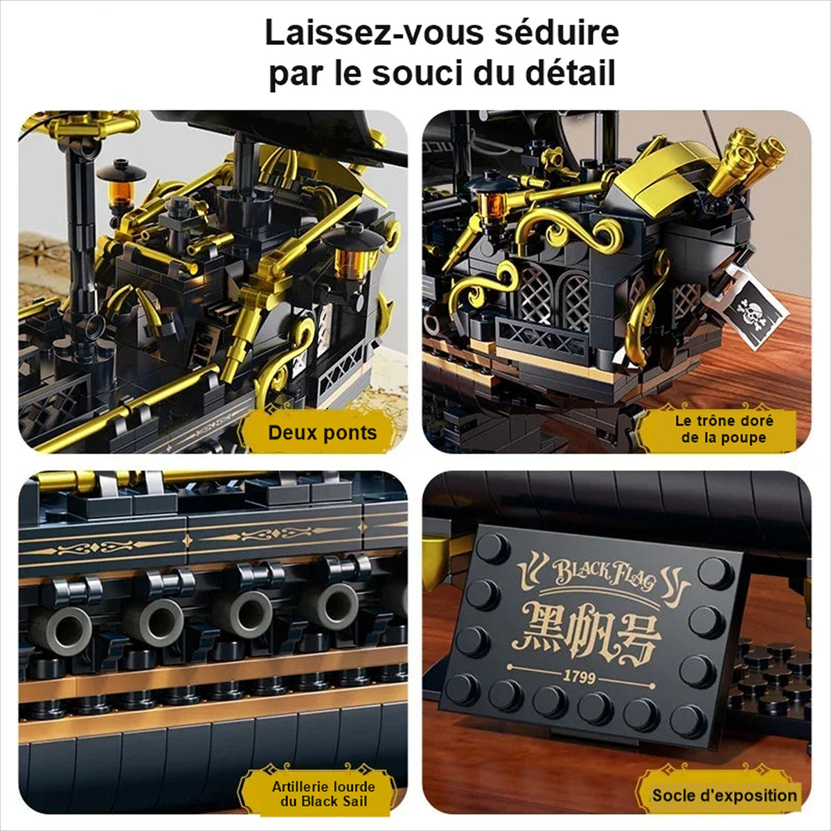 Détails de la maquette Black Sail : deux ponts, trône doré de la poupe, artillerie, socle d'exposition