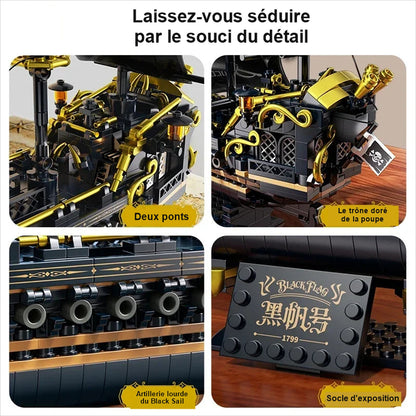 Détails de la maquette Black Sail : deux ponts, trône doré de la poupe, artillerie, socle d'exposition