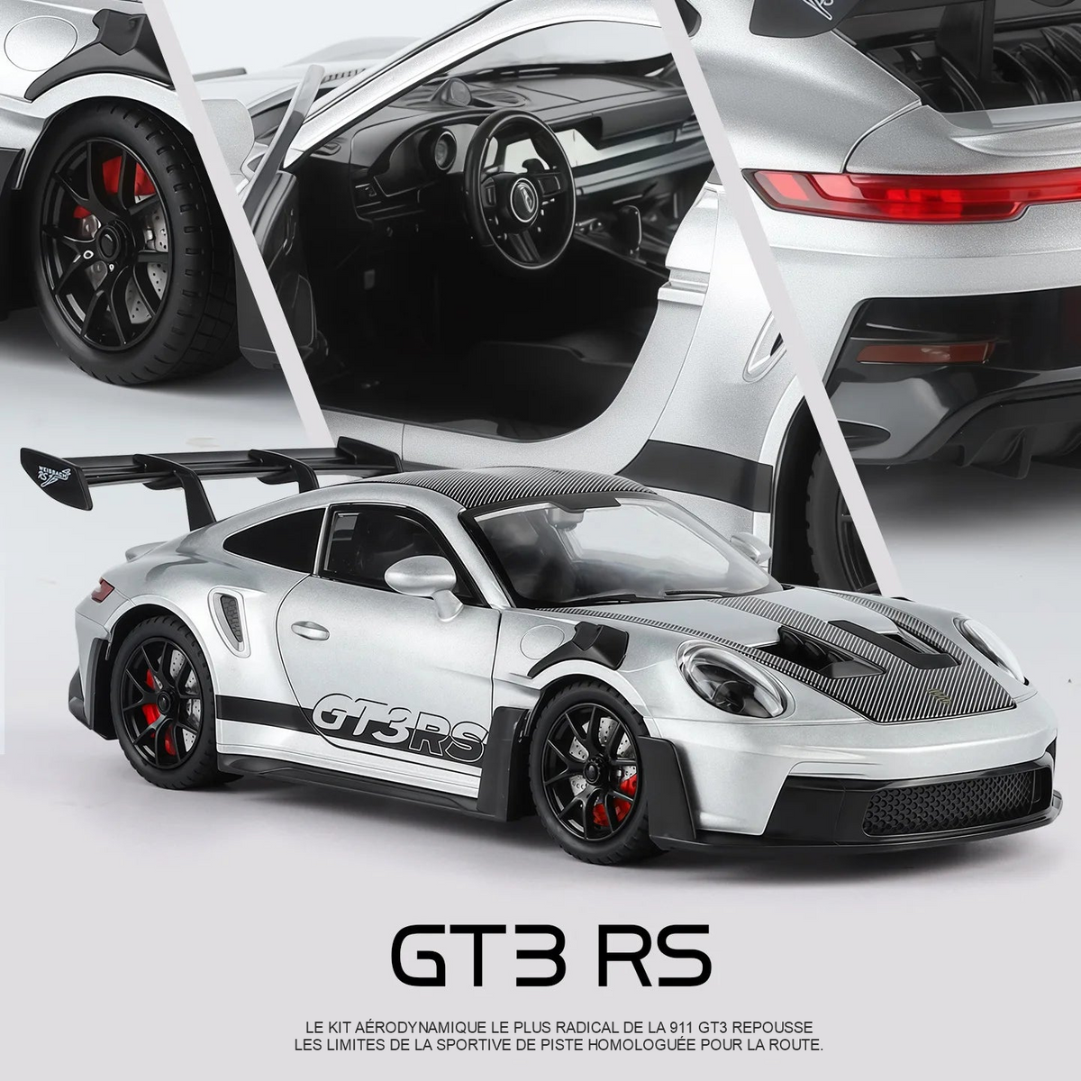Maquette Porsche 911 GT3 RS argent 1:24, détails de l'aileron, des jantes et de l'intérieur