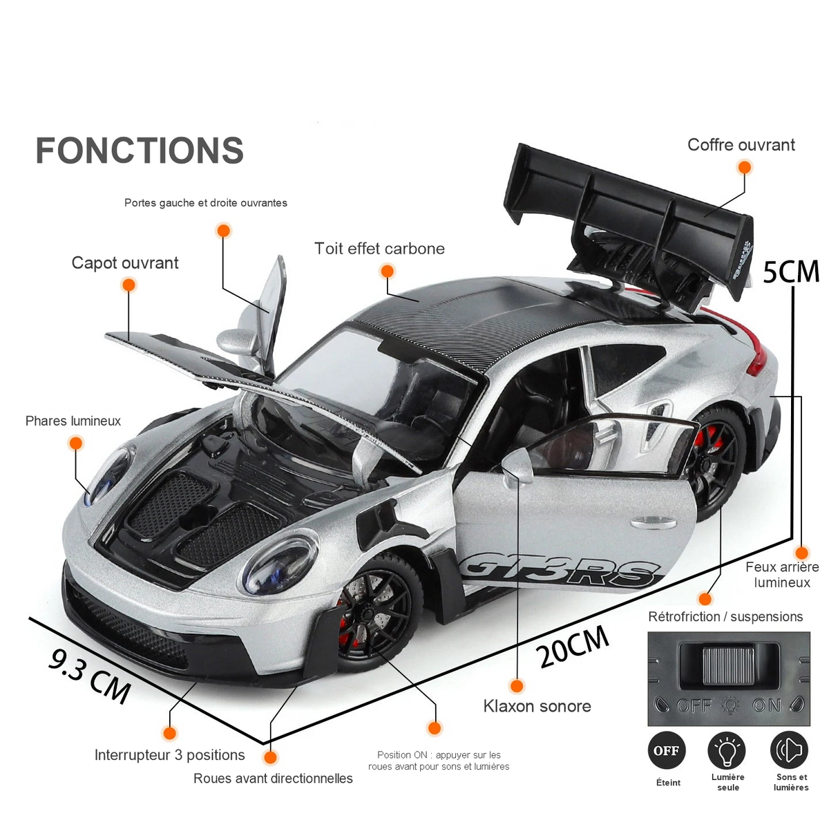 Fonctions de la maquette Porsche 911 GT3 RS 1:24 : portes, capot et coffre ouvrants, sons et lumières