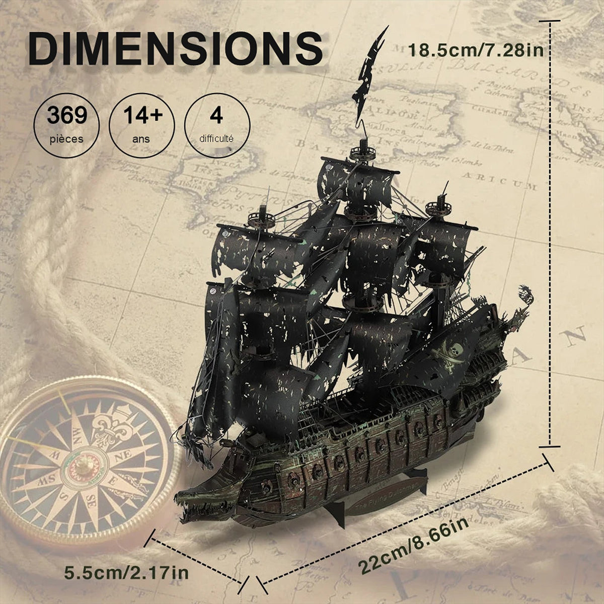 Dimensions de la maquette The Flying Dutchman : 22 x 5,5 x 18,5 cm, 369 pièces