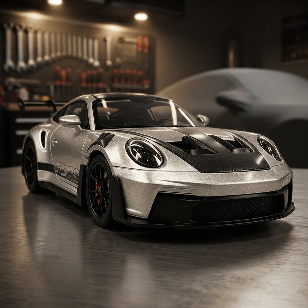 Maquette Porsche 911 GT3 RS 1:24 dans un garage de collectionneur