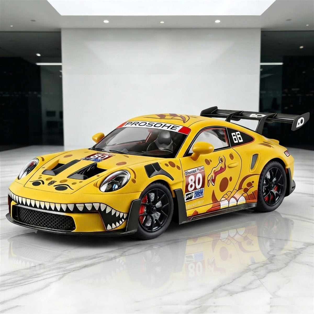 Maquette Porsche 911 GT3 RS 1:24 livrée jaune de course dans un showroom