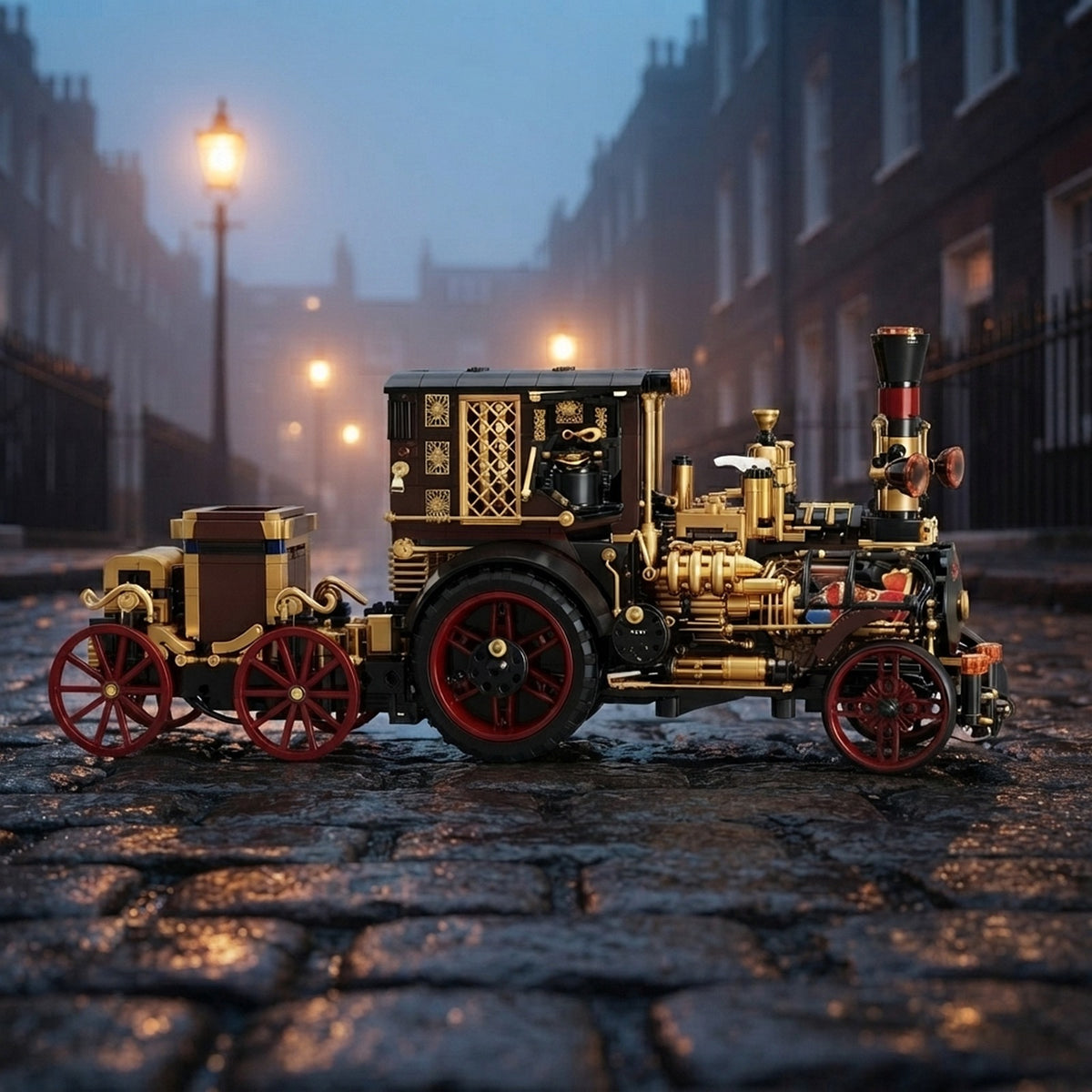 Maquette voiture à construire pour adulte Vintage Steam Car dans une rue pavée de Londres