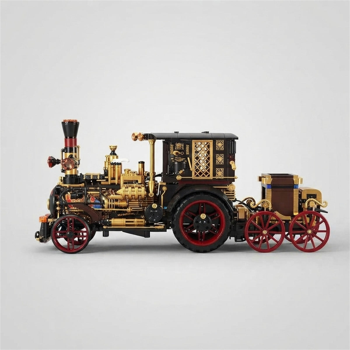 Maquette en briques voiture à vapeur rétro vue de profil côté gauche