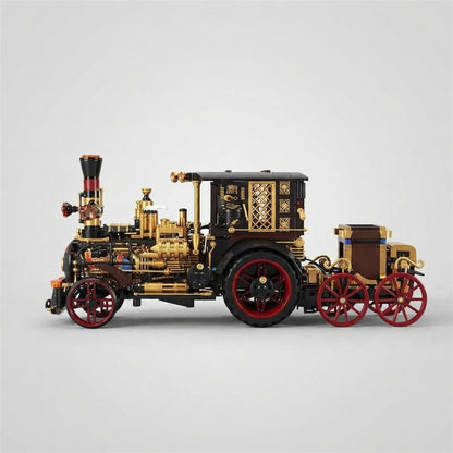 Maquette en briques voiture à vapeur rétro vue de profil côté gauche