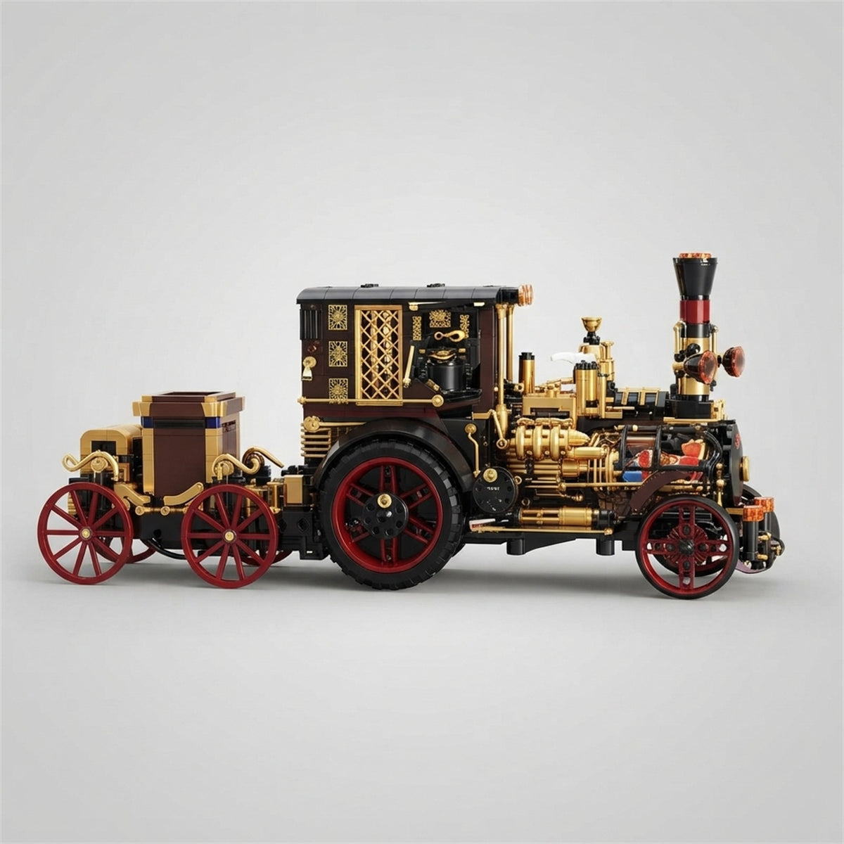 Maquette en briques voiture à vapeur rétro vue de profil côté droit